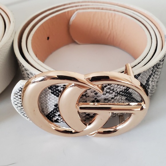 Set of 3 Women Faux Leather Belts Black White Snakeskin Gold Double Ring Buckle main image 15